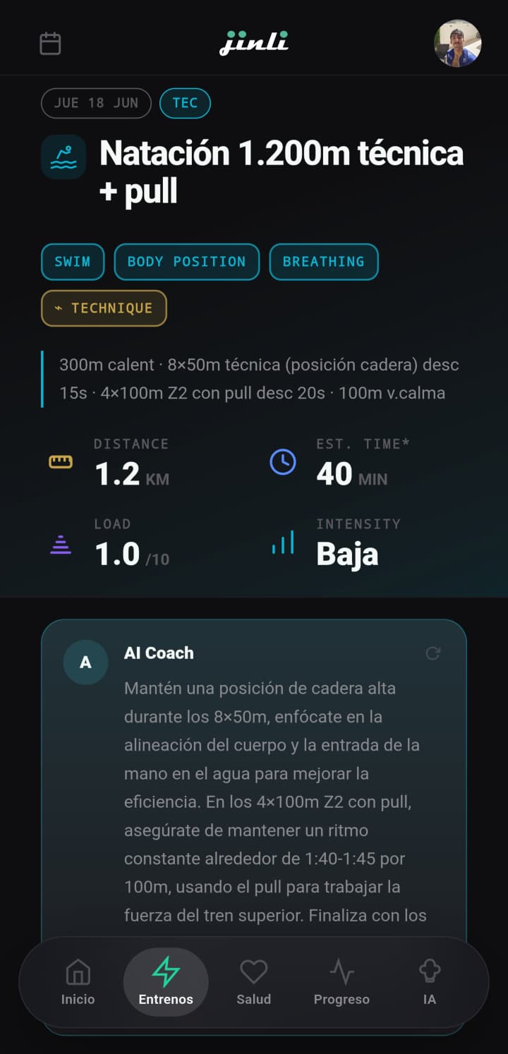 Detalle de sesión con Coach Apex en Jinli